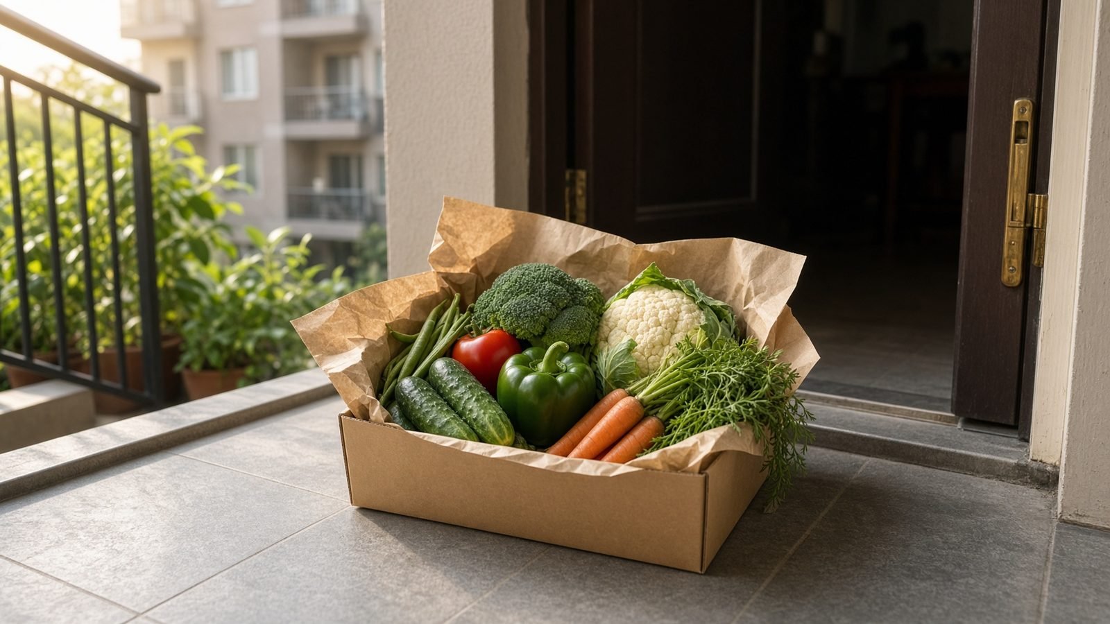 A crate of vegetables at an apartment doorstep